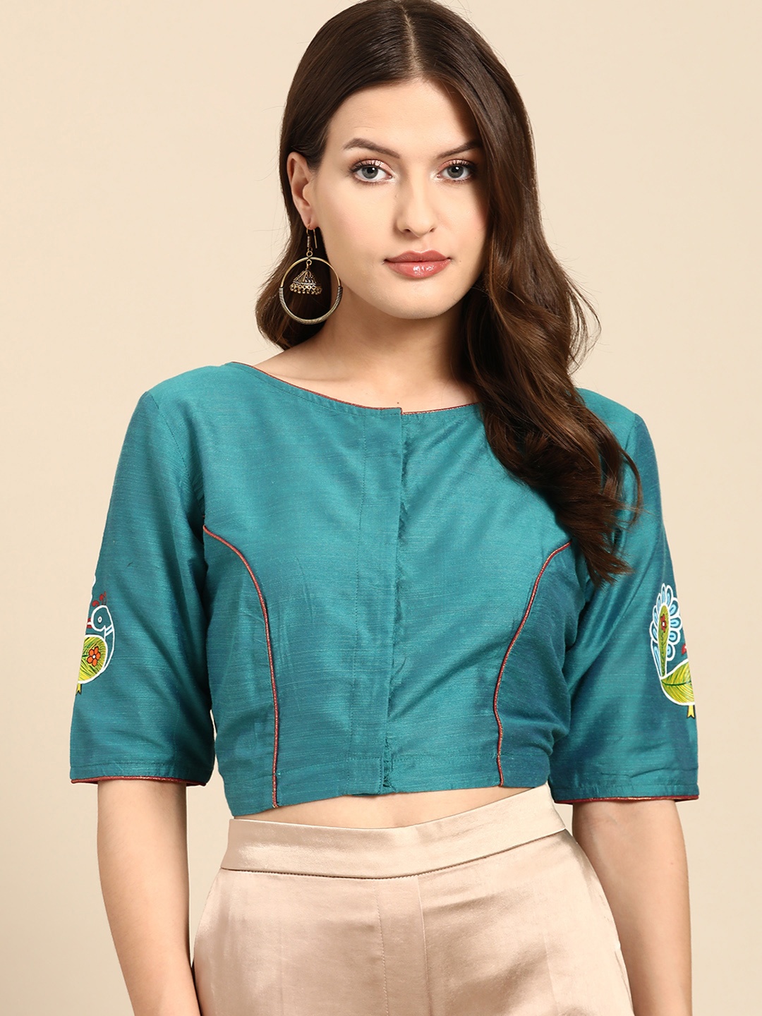 

tantkatha Kalamkari Hand Painted Padded Chanderi Silk Saree Blouse, Turquoise blue