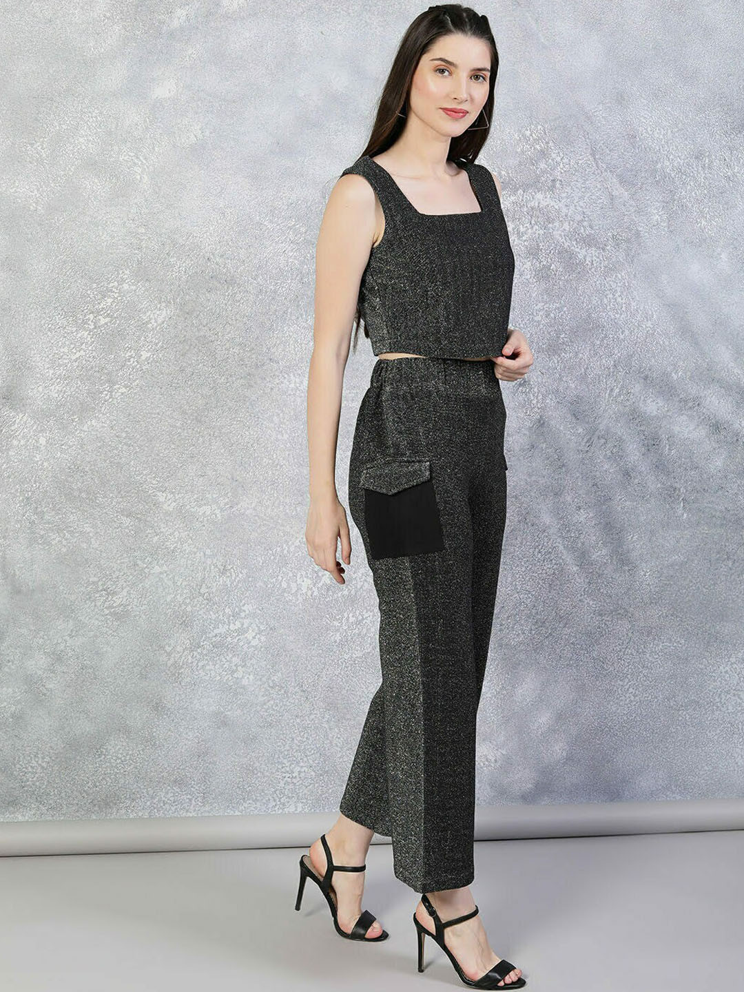 

TheBlackLover Embellished Shoulder Straps Crop Top And Trouser Co-Ords, Black