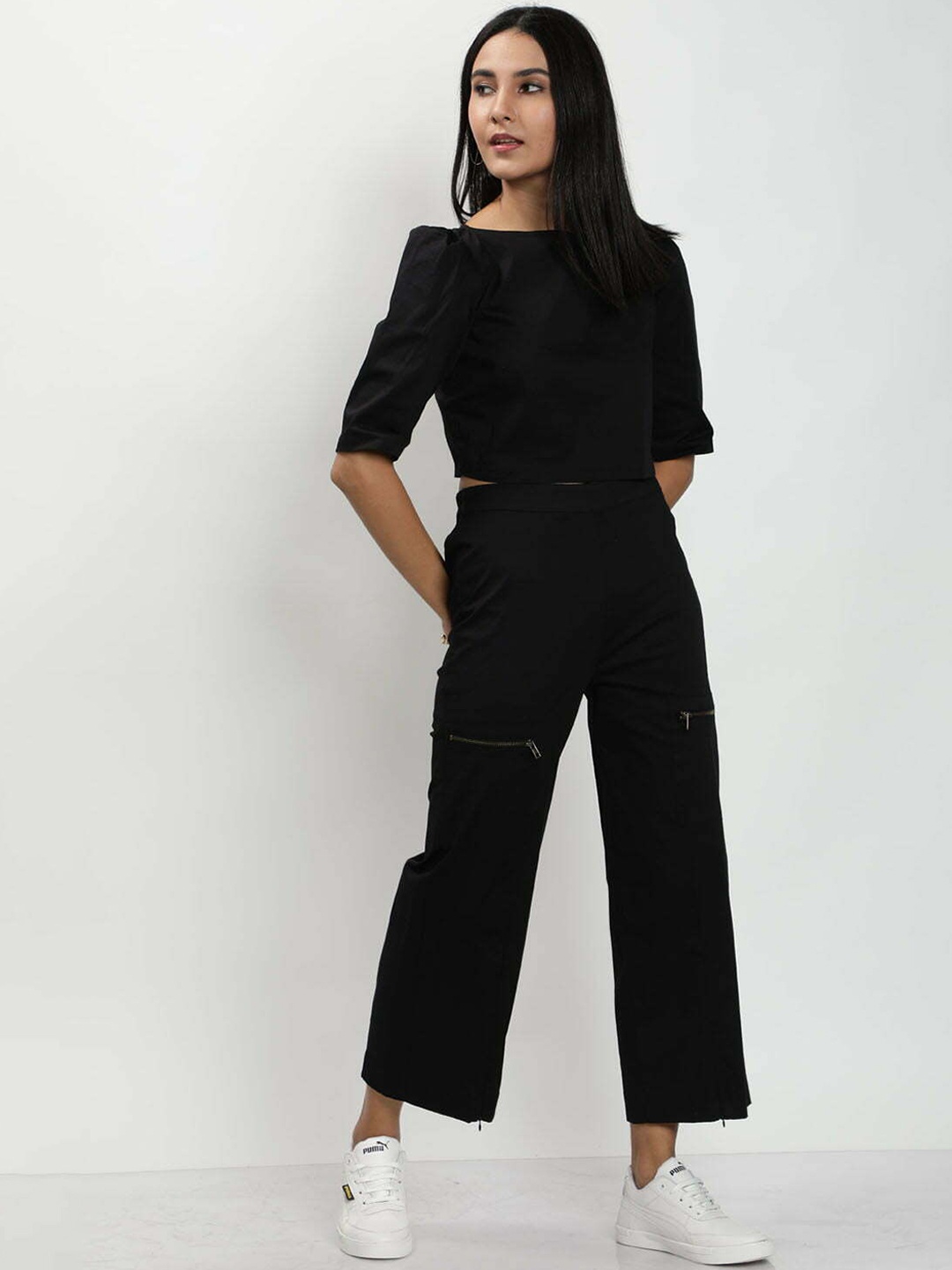 

TheBlackLover Women High Street Fashion Top With Trousers, Black