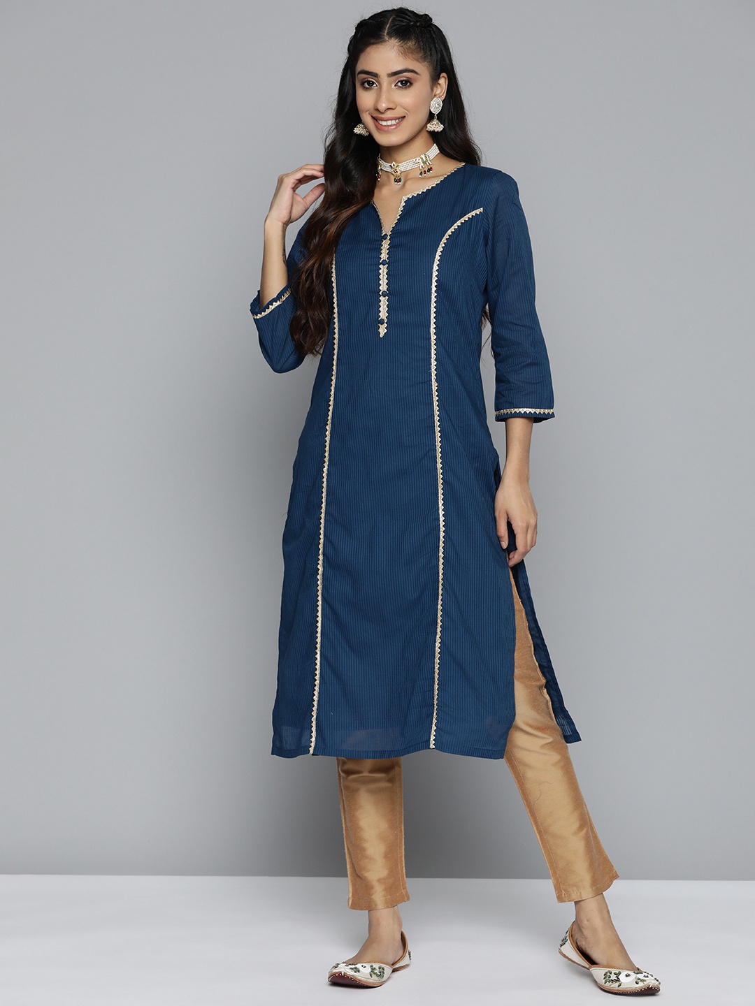 

HERE&NOW Striped Gotta Patti Cotton Kurta, Navy blue
