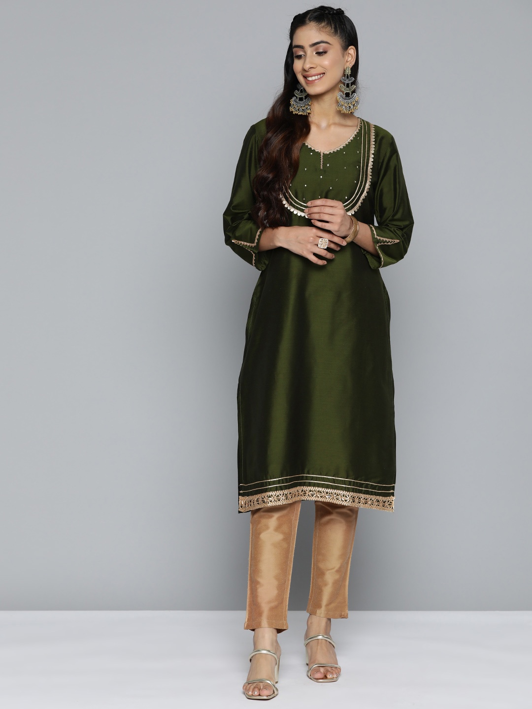 

HERE&NOW Yoke Design Sequinned Kurta, Olive