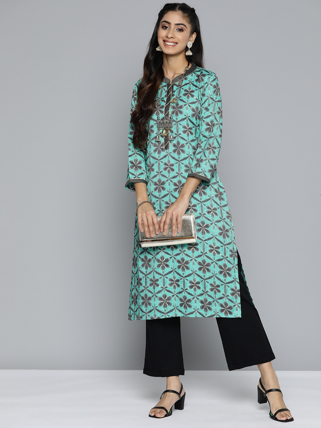 

HERE&NOW Floral Printed Gotta Patti Kurta, Sea green