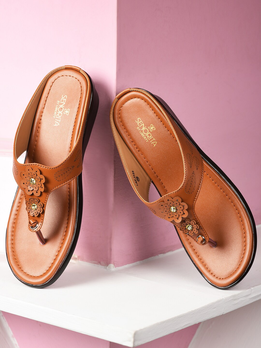 

Liberty Women Western - Embellished Slip-On T-Strap Flats, Tan