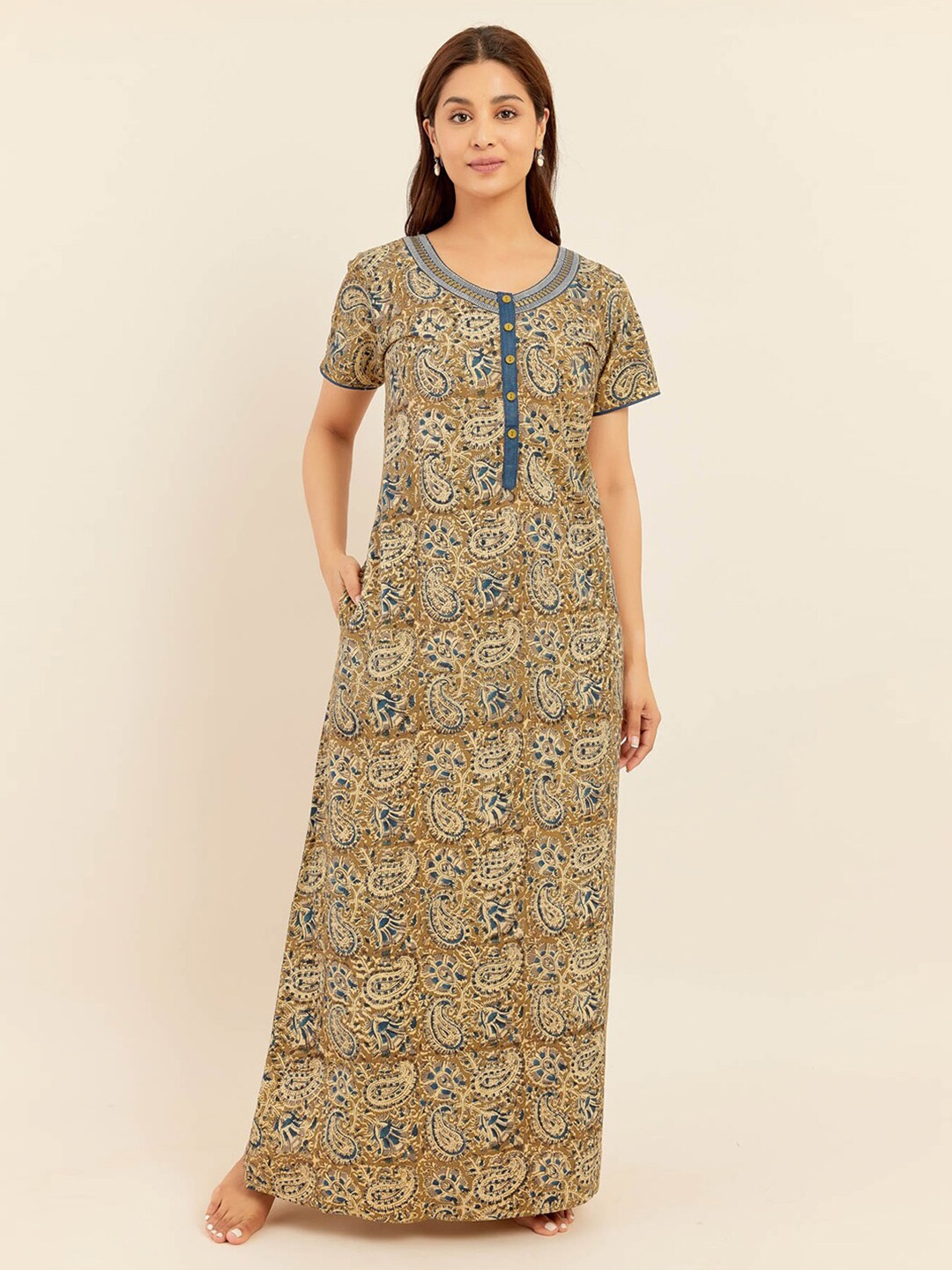 

Maybell Ethnic Motifs Printed Pure Cotton Maxi Nightdress, Brown