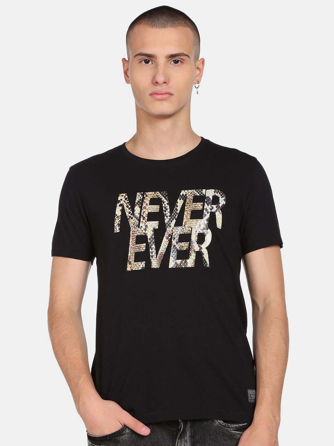 

Flying Machine Typography Printed Pure Cotton T-shirt, Black