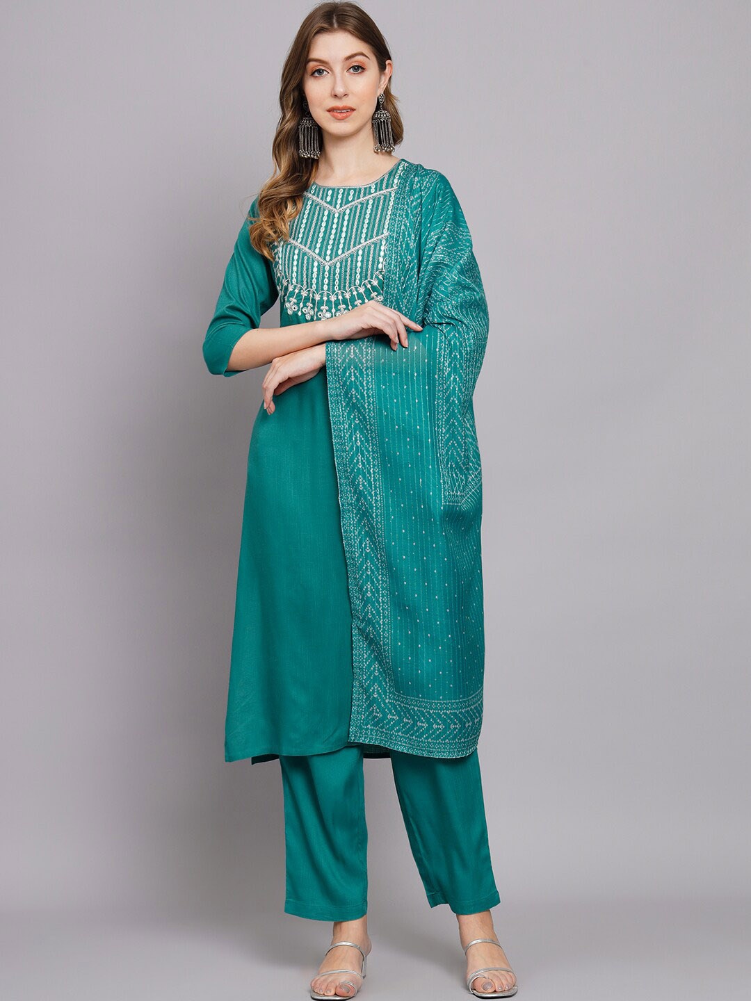 

Nehamta Ethnic Motifs Yoke Design Sequinned Kurta with Palazzos & Dupatta, Teal