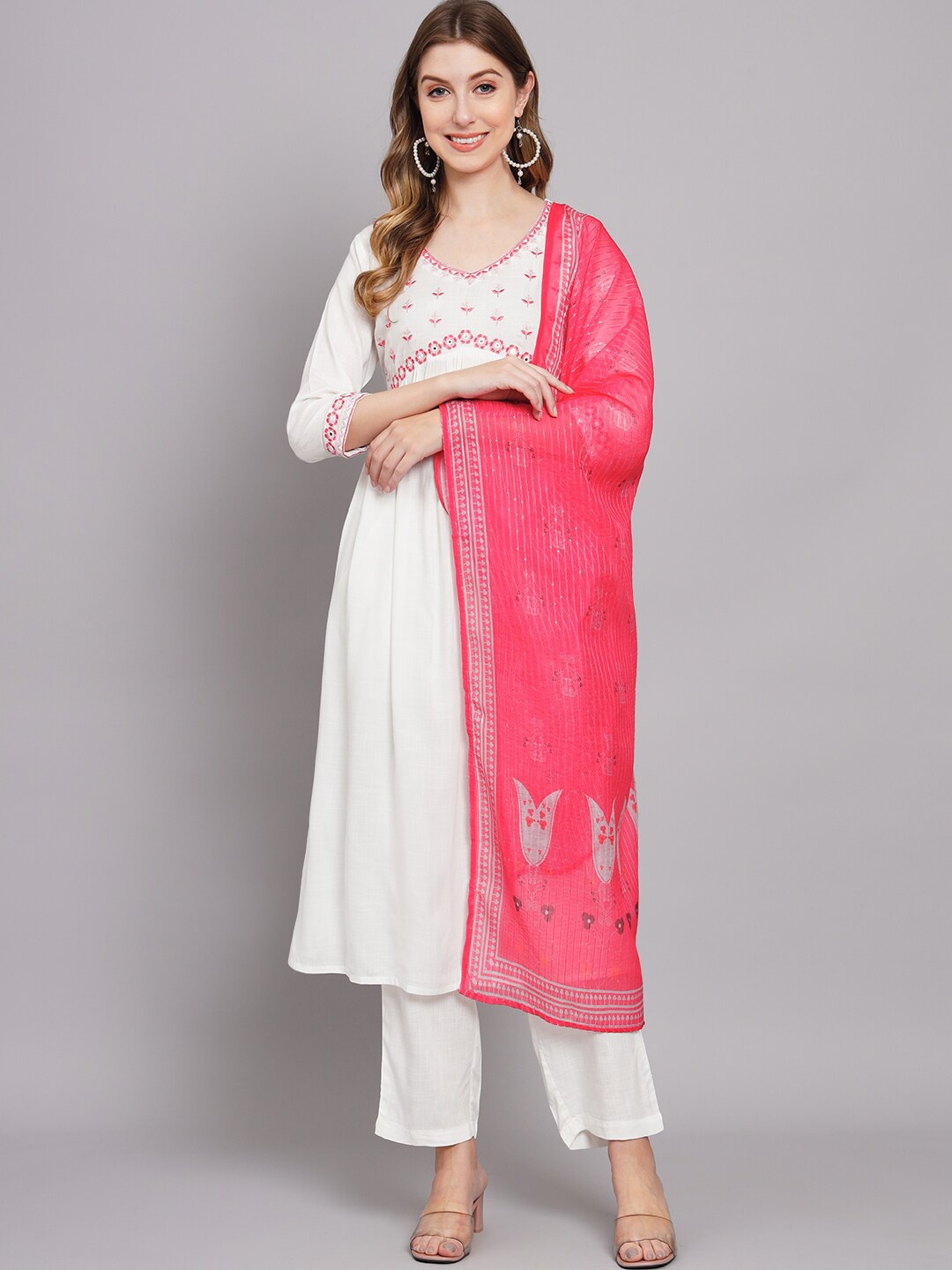 

Nehamta Floral Embroidered Mirror Work Kurta with Trousers & Dupatta, White