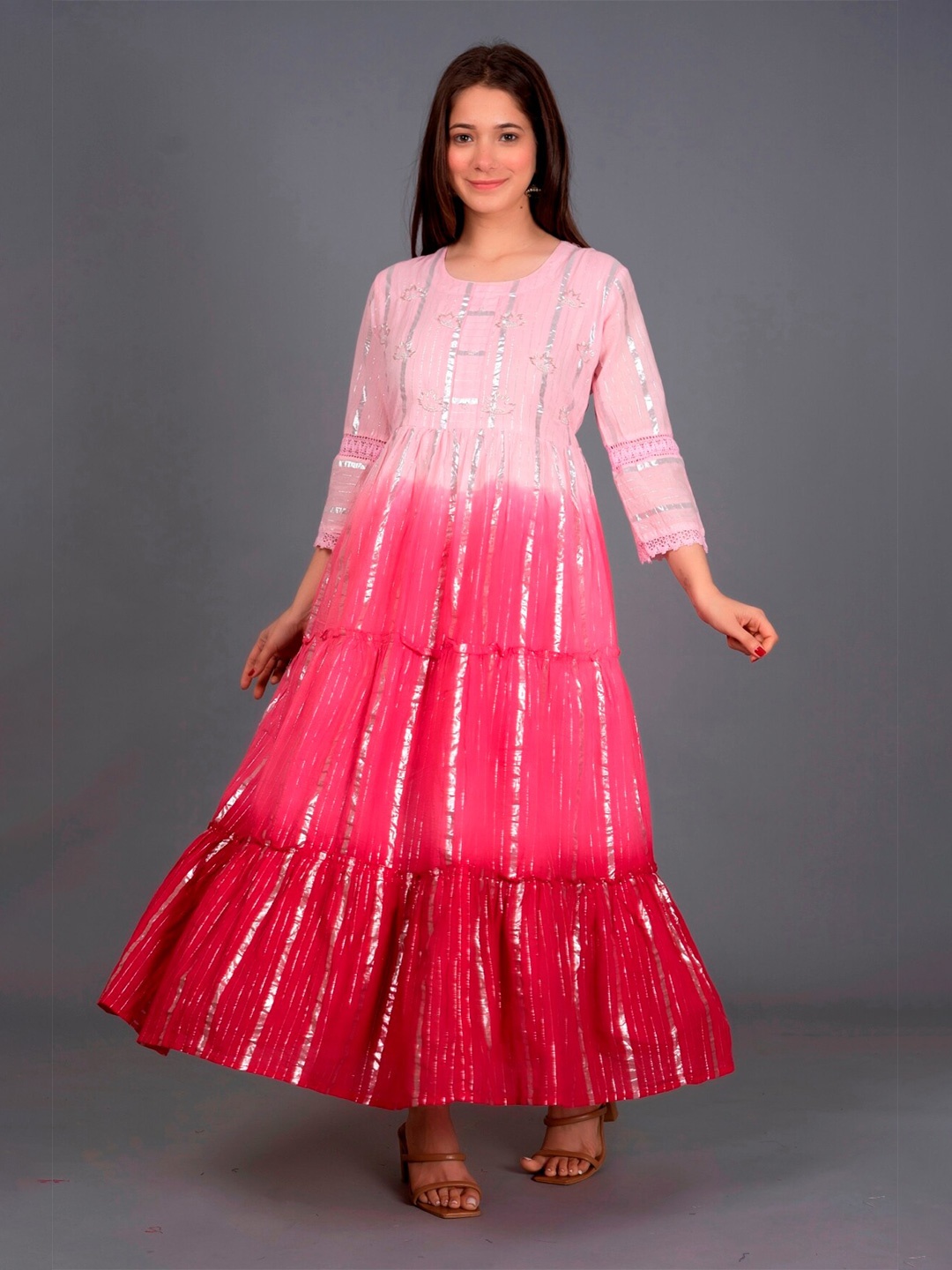 

misbis Round Neck Striped Maxi Ethnic Dress, Pink