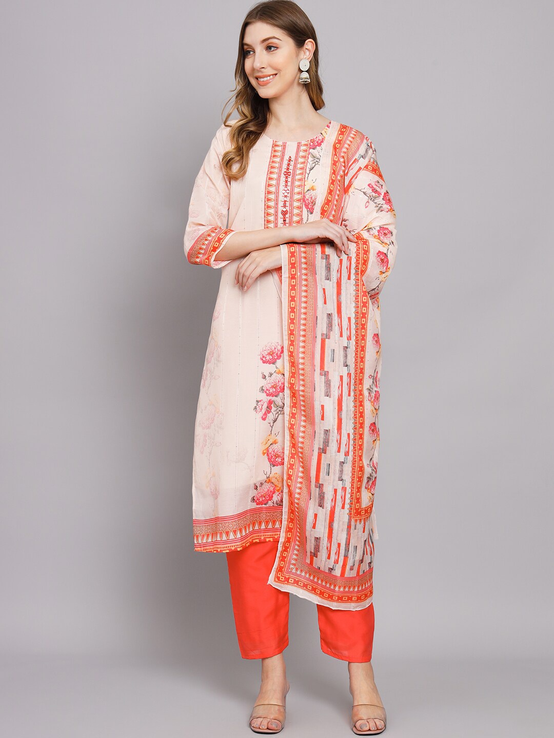 

KALINI Floral Printed Mirror Work Kurta with Trousers & Dupatta, Peach