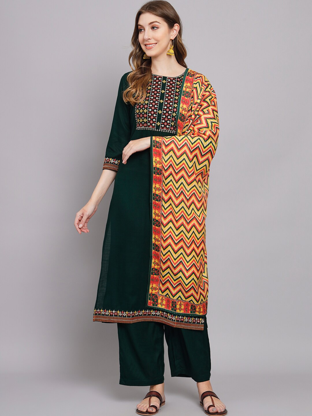 

KALINI Ethnic Motifs Yoke Design Kurta with Palazzos & Dupatta, Green