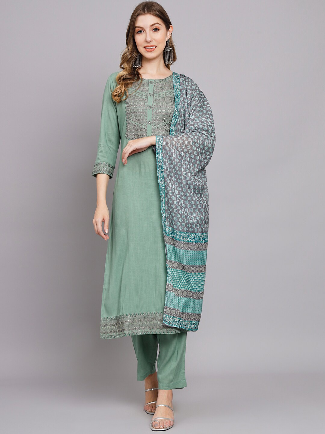 

KALINI Ethnic Motifs Embroidered Sequined Kurta with Trousers & Dupatta, Olive