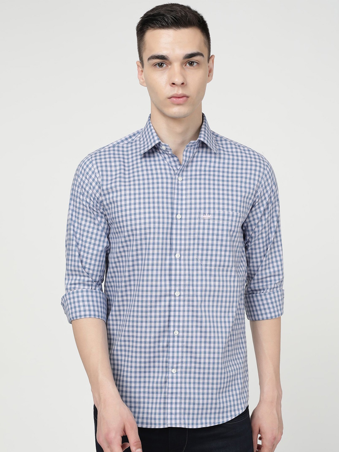 

FRENCH CROWN Gingham Checked Spread Collar Standard Cotton Casual Shirt, Blue