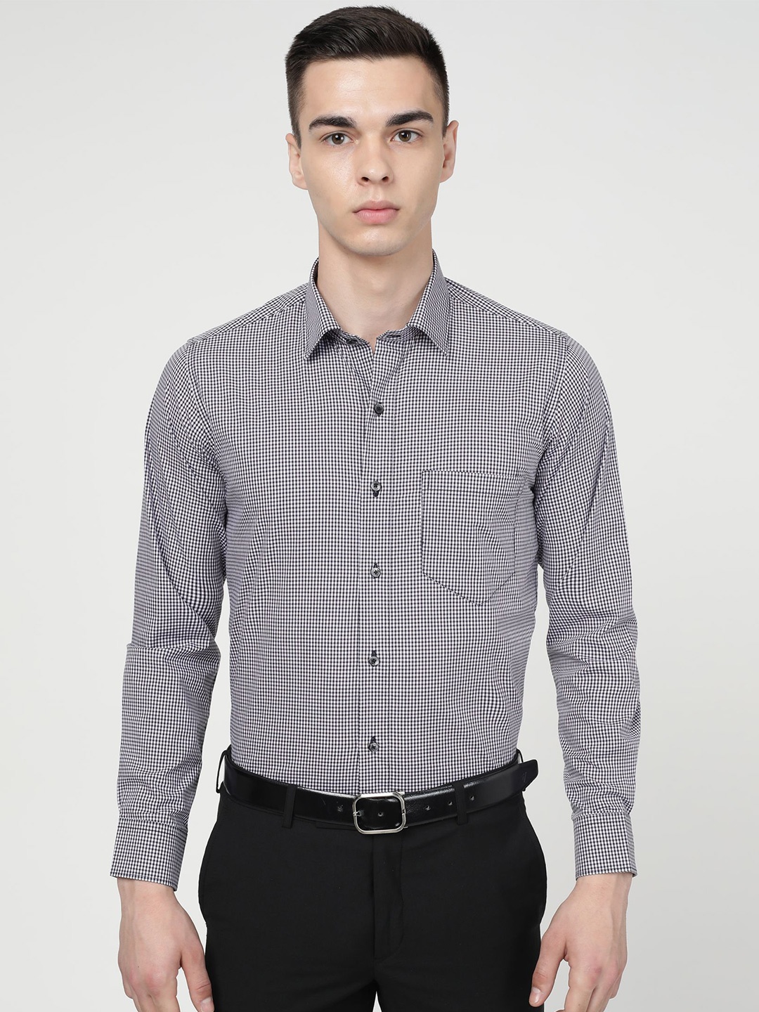 

FRENCH CROWN Micro Checked Spread Collar Standard Cotton Formal Shirt, Black