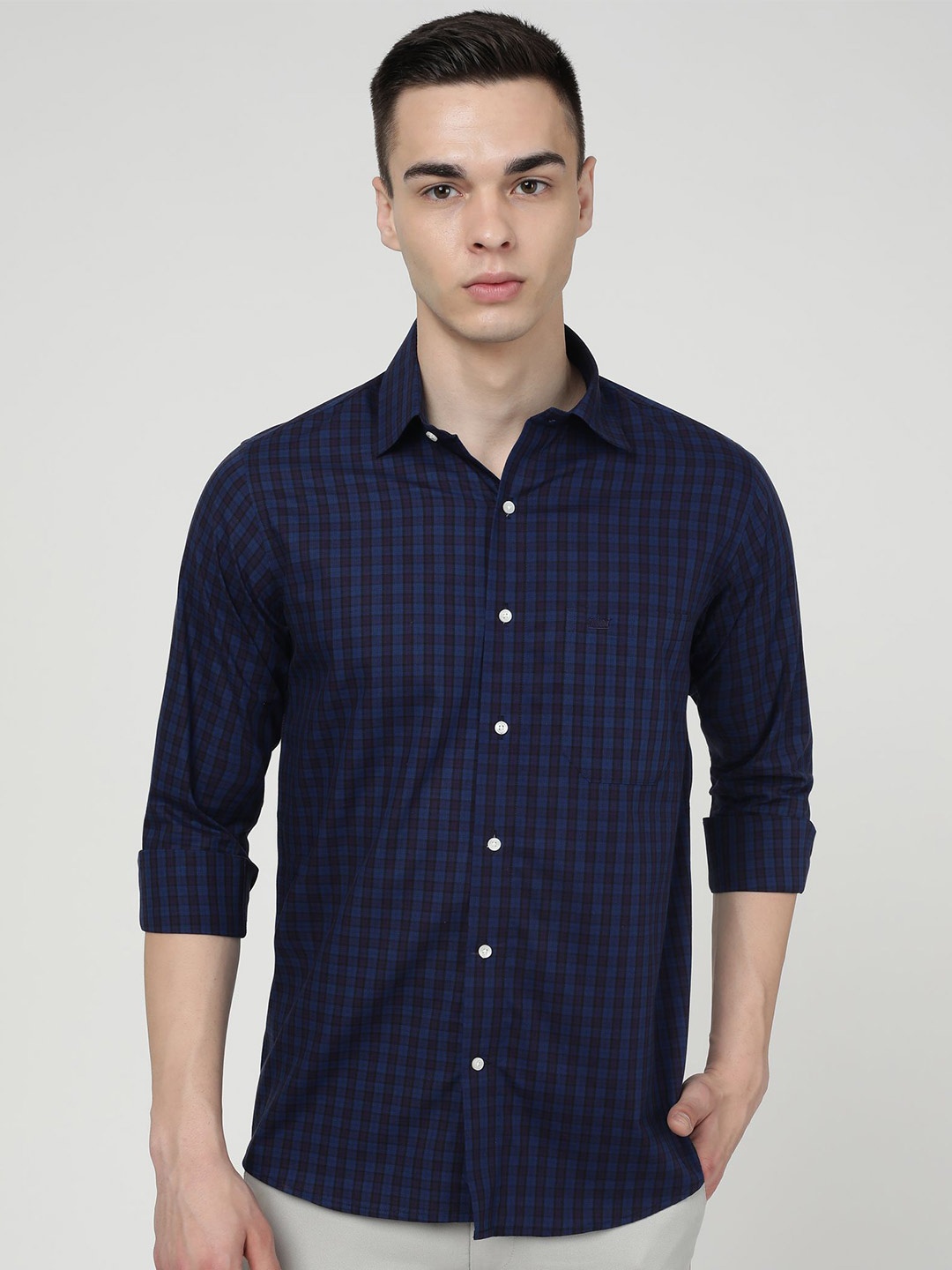 

FRENCH CROWN Gingham Checked Standard Cotton Casual Shirt, Navy blue