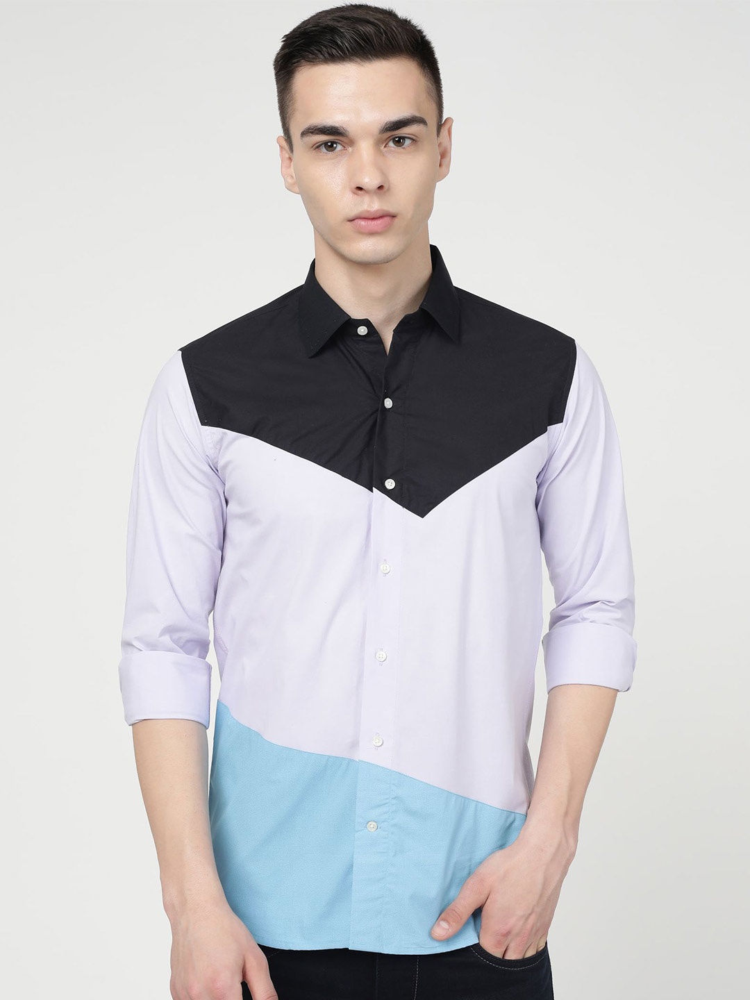 

FRENCH CROWN Colourblocked Standard Casual Cotton Shirt, Lavender