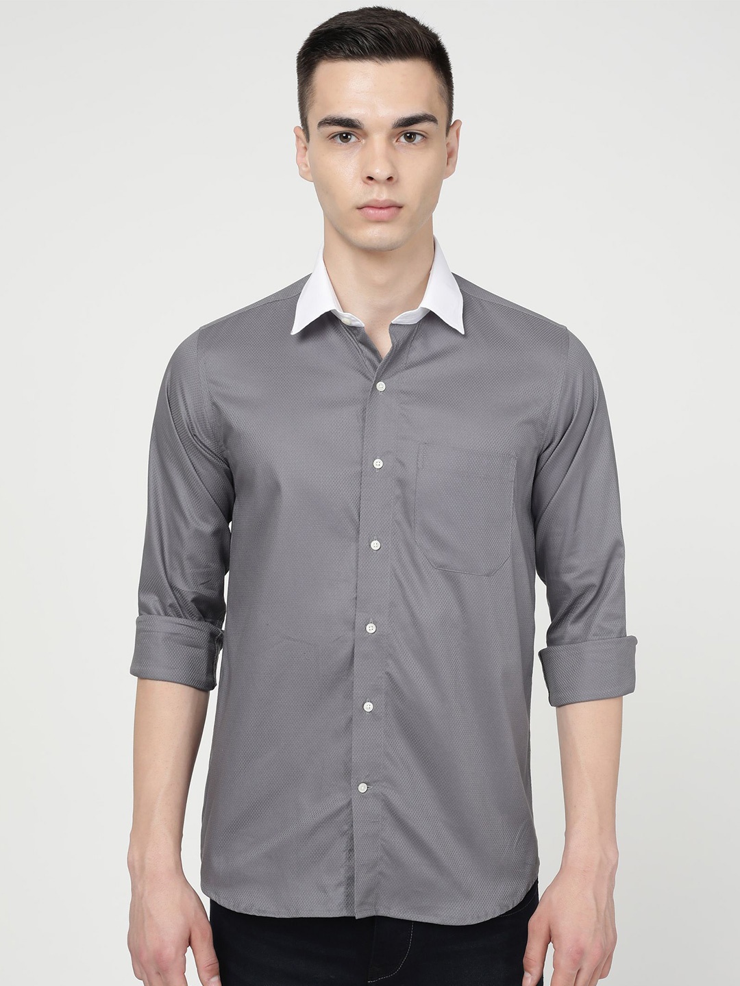 

FRENCH CROWN Self Design Spread Collar Standard Cotton Casual Shirt, Grey