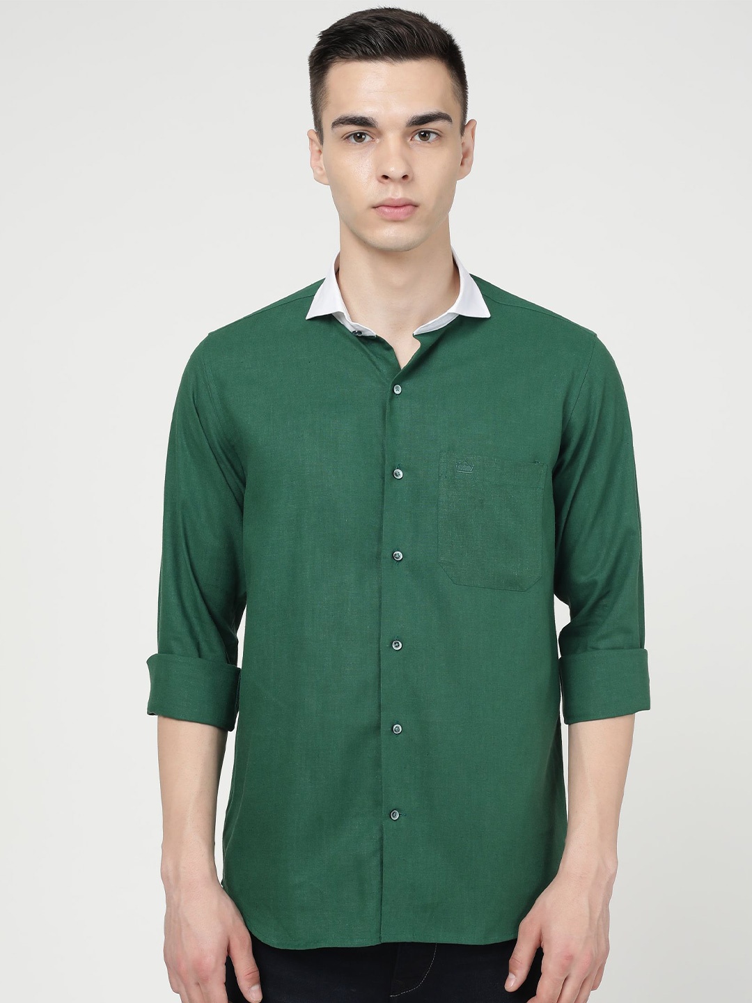 

FRENCH CROWN Spread Collar Long Sleeves Standard Cotton Casual Shirt, Green