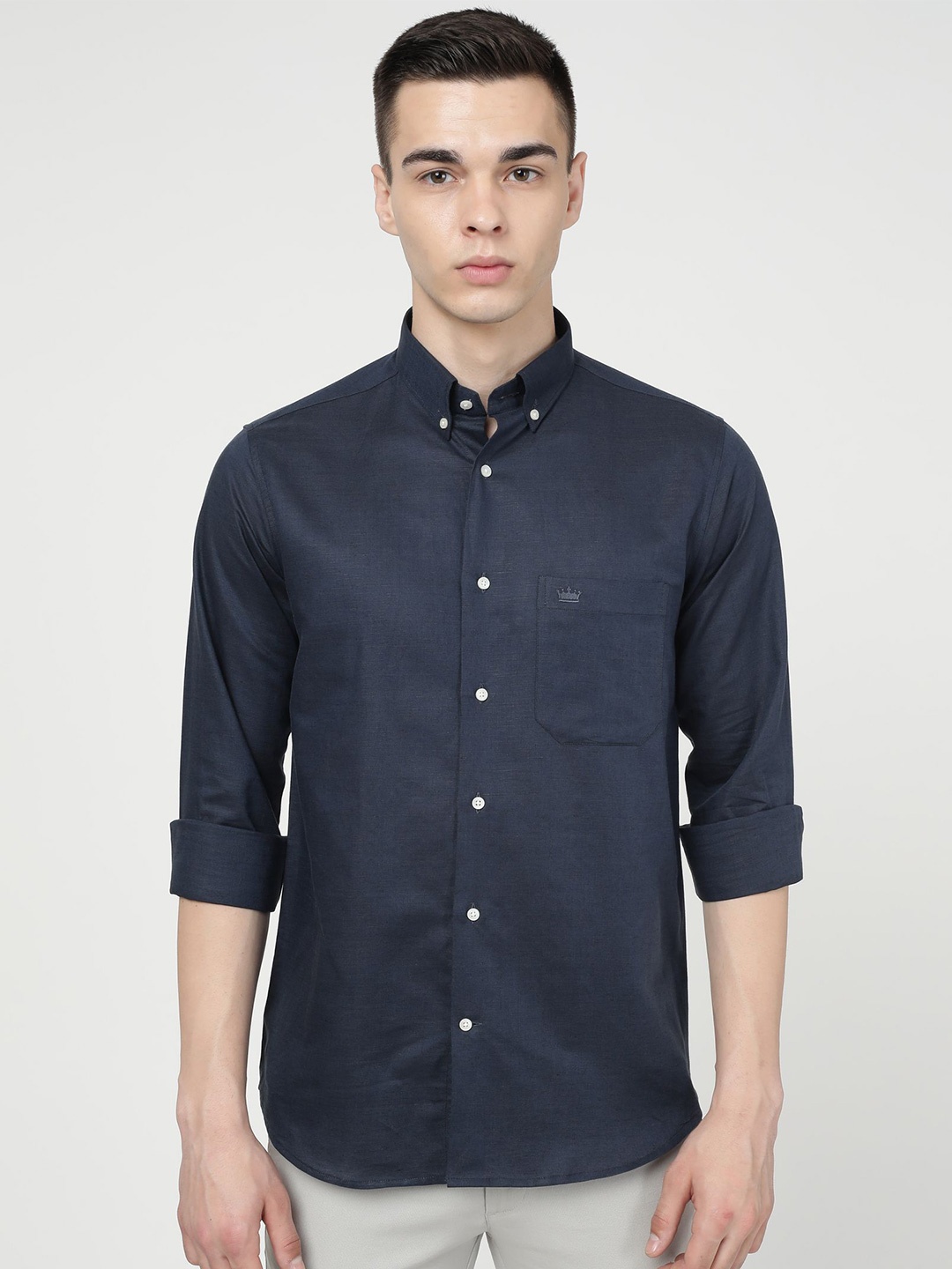 

FRENCH CROWN Button-Down Collar Standard Cotton Casual Shirt, Navy blue