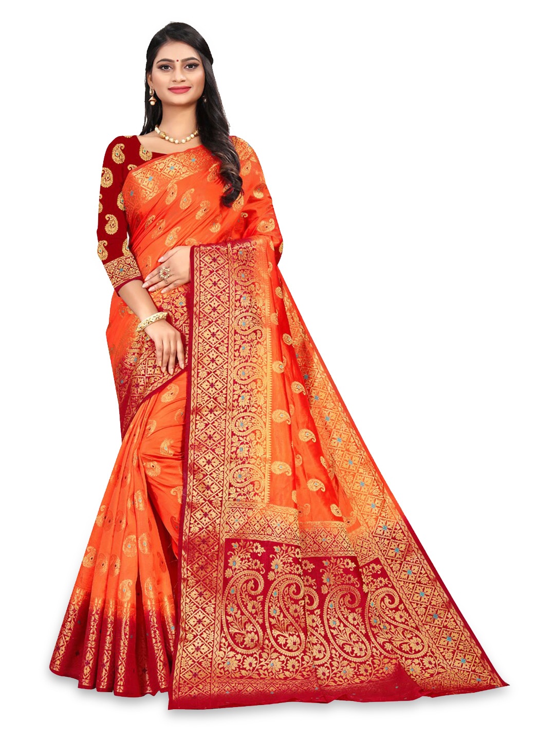 

ZEEPKART Orange & Red Woven Design Zari Kanjeevaram Saree