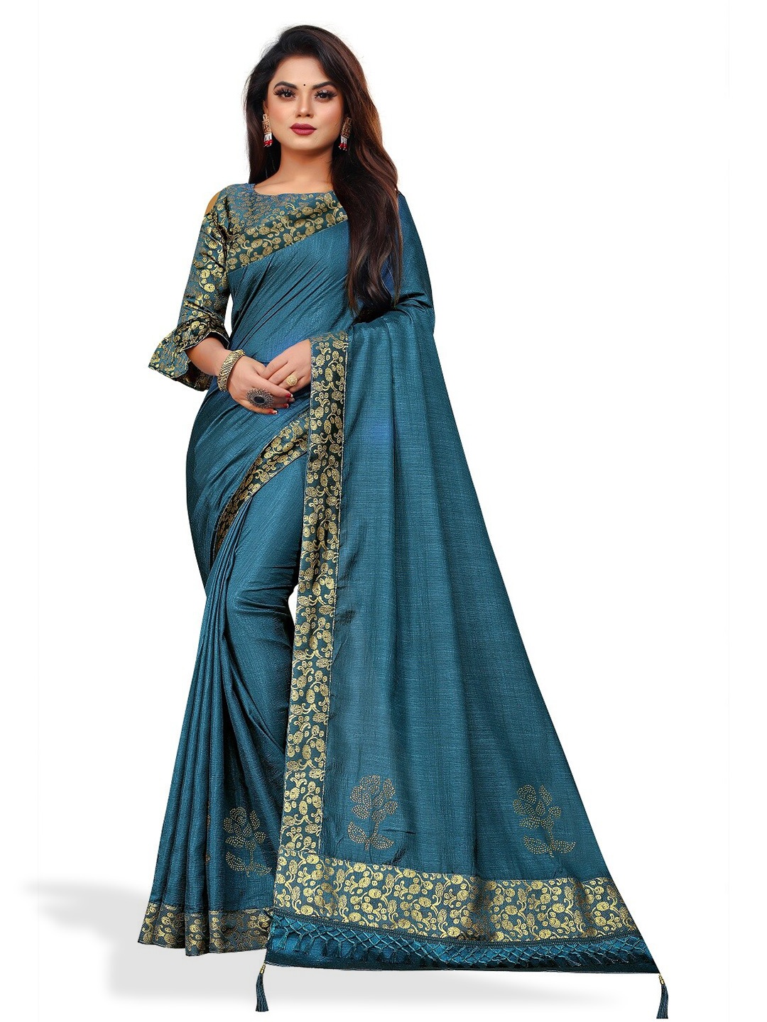 

ZEEPKART Blue & Gold-Toned Zari Kanjeevaram Saree