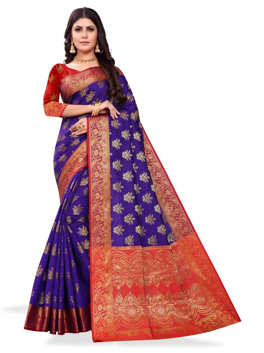 

ZEEPKART Floral Woven Design Zari Kanjeevaram Saree, Blue