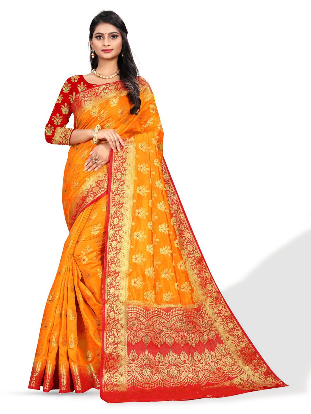 

ZEEPKART Woven Design Zari Kanjeevaram Saree, Orange