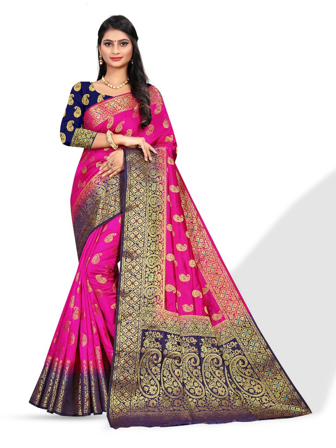 

ZEEPKART Ethnic Motif Woven Design Zari Kanjeevaram Saree, Pink
