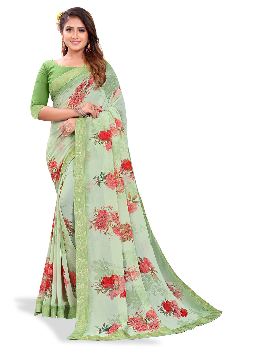 

ZEEPKART Floral Zari Saree, Green