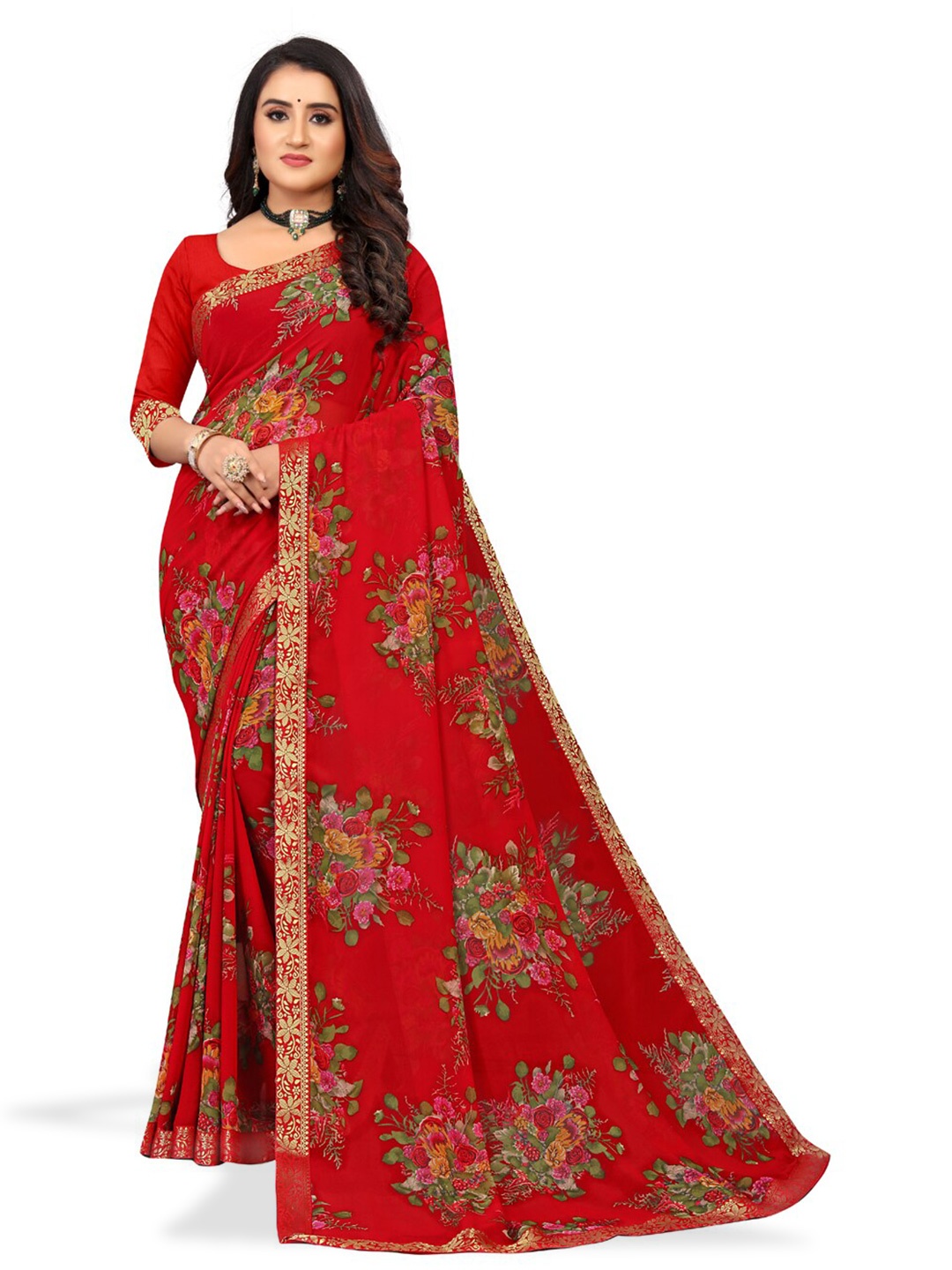 

ZEEPKART Floral Printed Zari Saree, Red