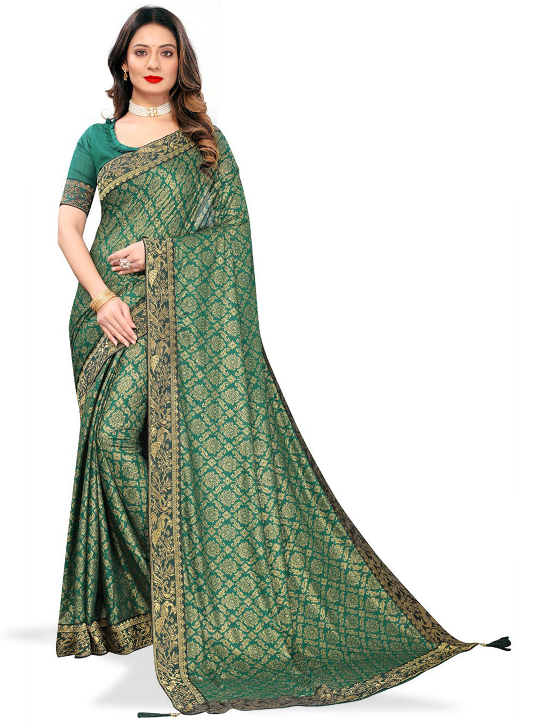 

ZEEPKART Ethnic Motifs Printed Zari Kanjeevaram Saree, Green