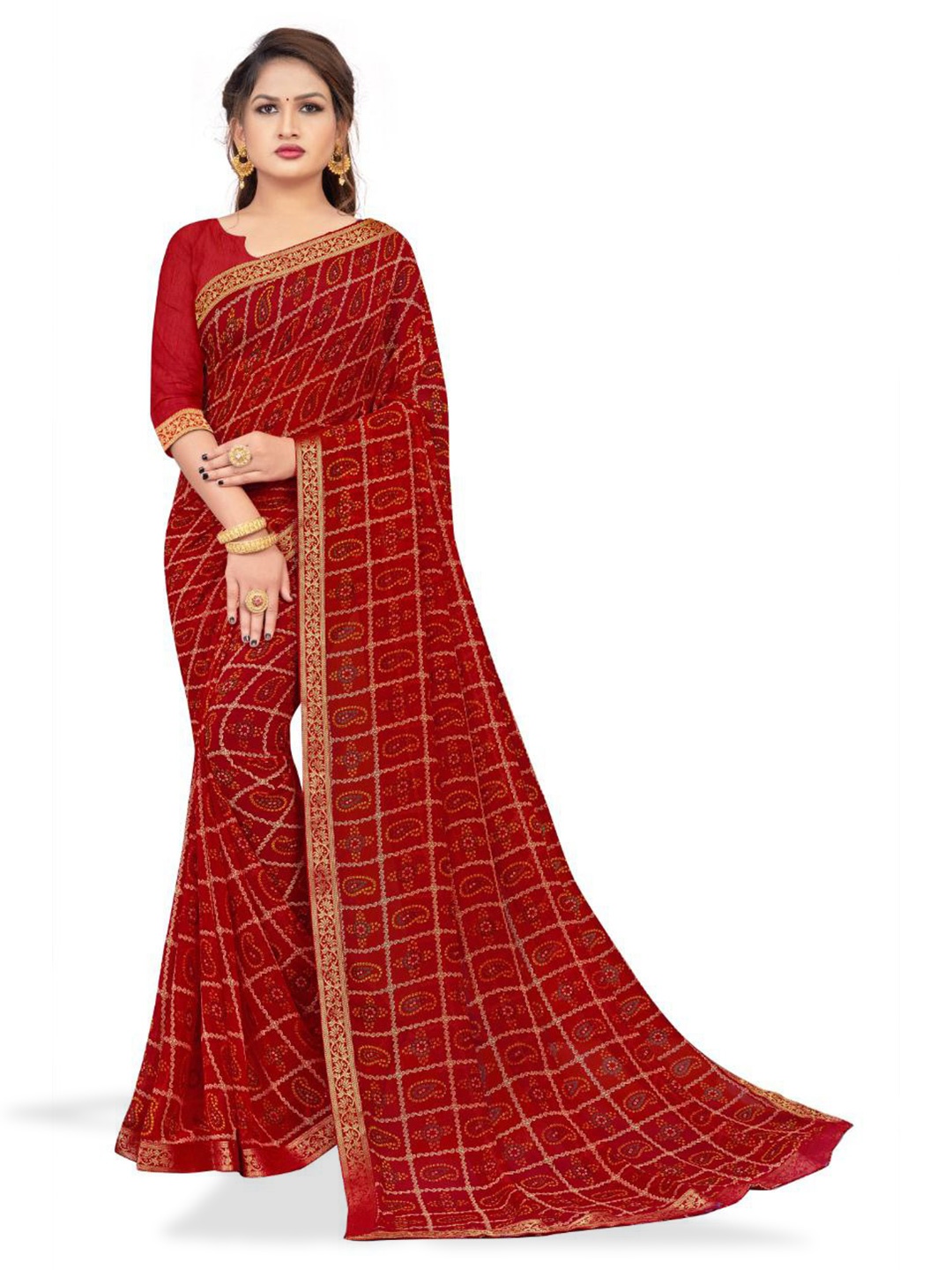 

ZEEPKART Paisley Poly Silk Bandhani Saree, Red