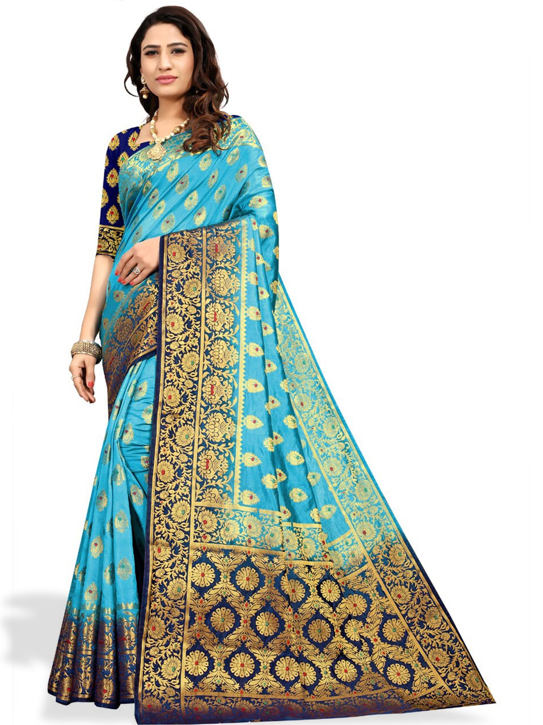 

ZEEPKART Ethnic Motifs Woven Design Zari Kanjeevaram Saree, Blue