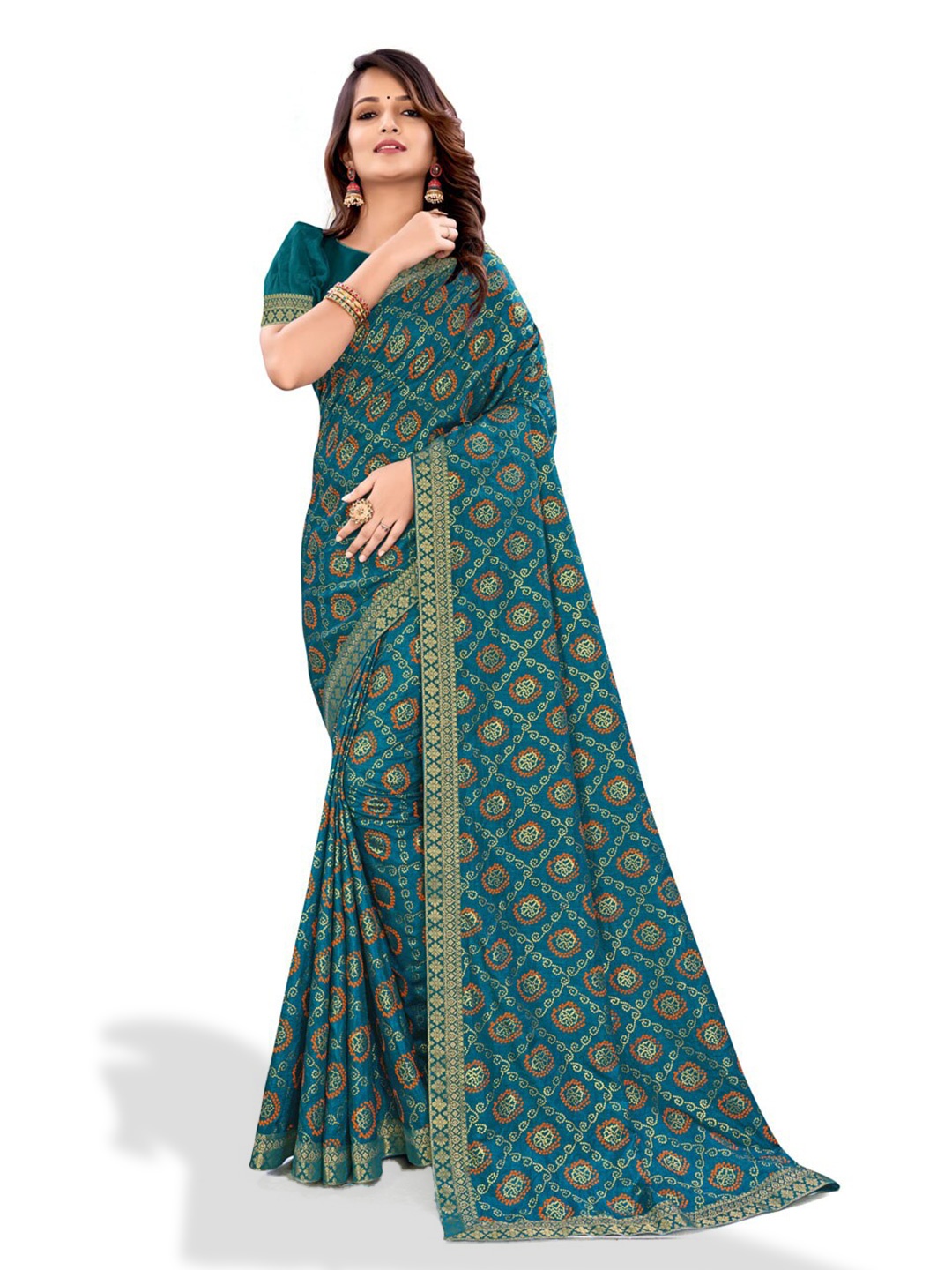 

ZEEPKART Bandhani Printed Zari Kanjeevaram Saree, Blue