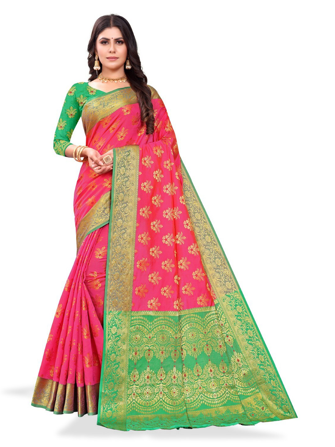 

ZEEPKART Ethnic Motifs Woven Design Zari Kanjeevaram Saree, Pink