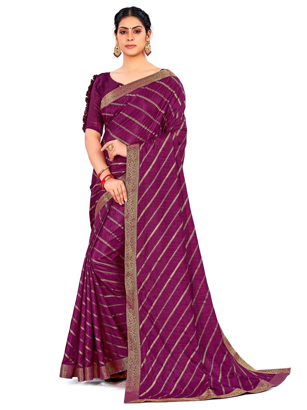 

ZEEPKART Gold-Toned Woven Design Zari Kanjeevaram Saree, Purple