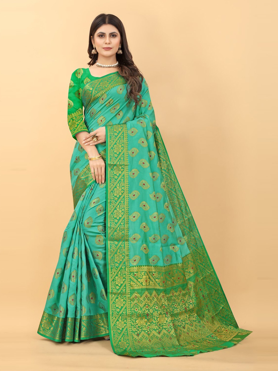 

ZEEPKART Ethnic Woven Design Zari Kanjeevaram Saree, Turquoise blue