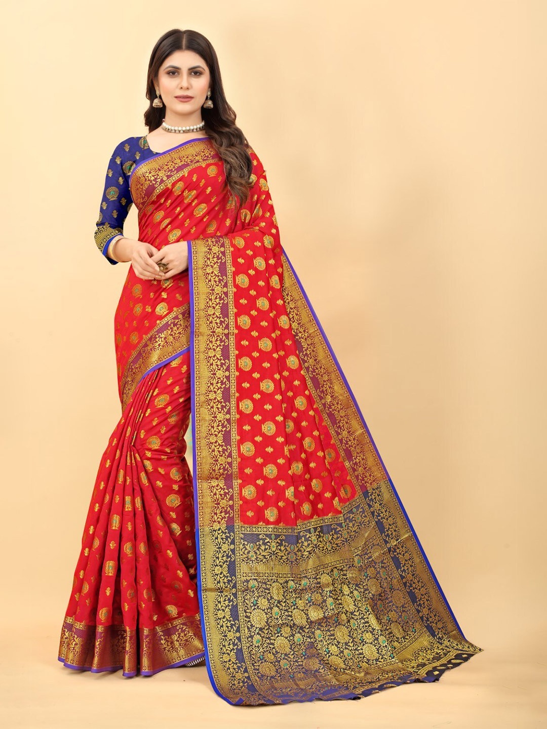 

ZEEPKART Ethnic Motifs Woven Design Zari Kanjeevaram Saree, Red