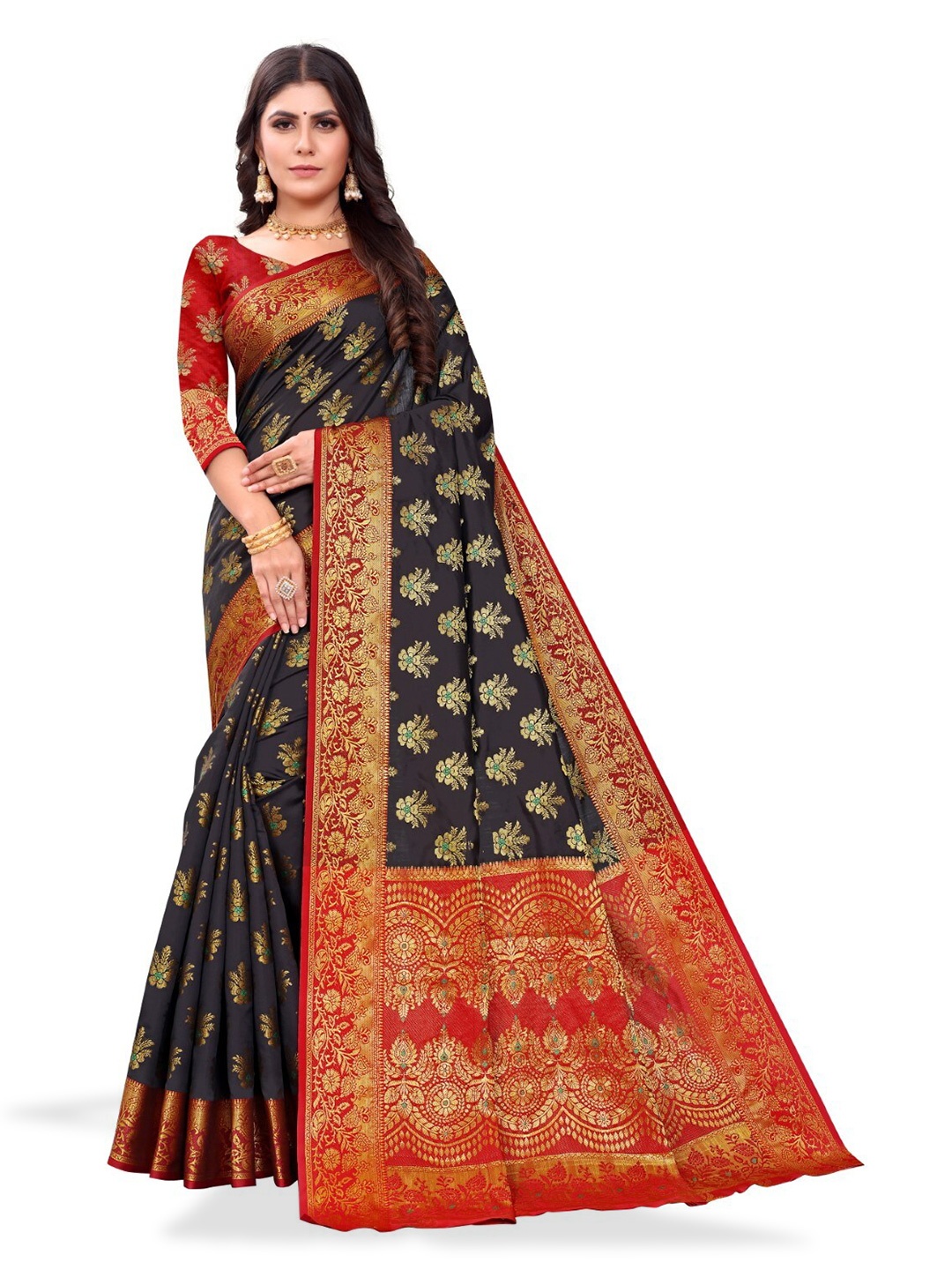 

ZEEPKART Floral Woven Design Zari Kanjeevaram Saree, Black