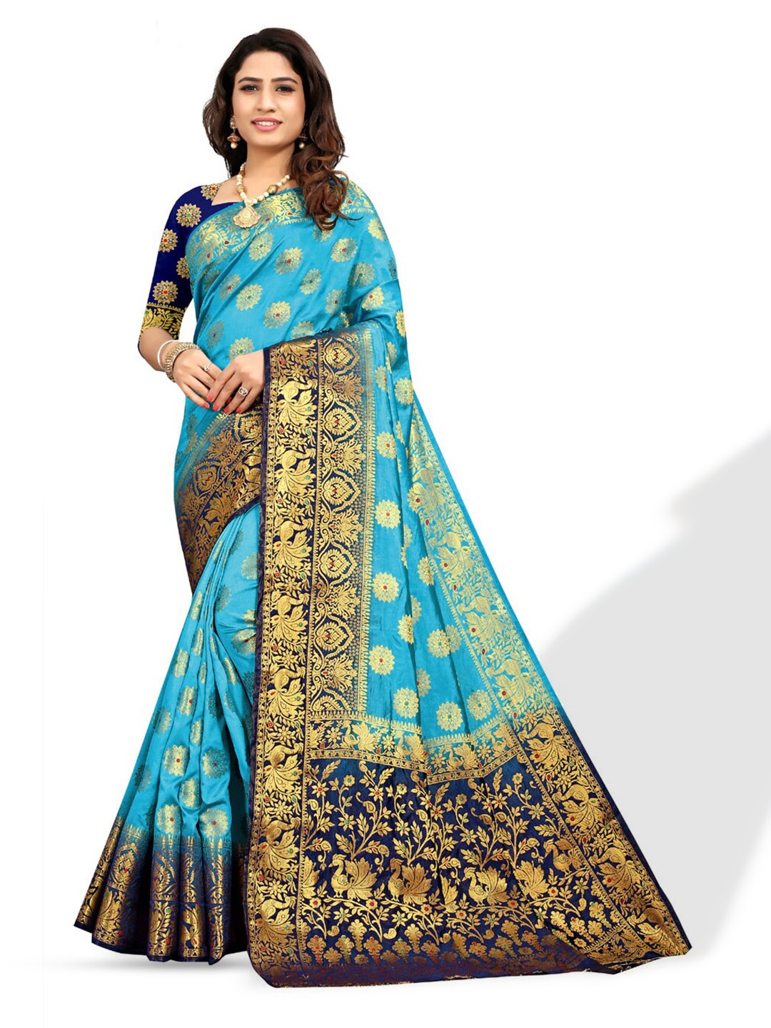 

ZEEPKART Ethnic Motifs Woven Design Zari Kanjeevaram Saree, Blue