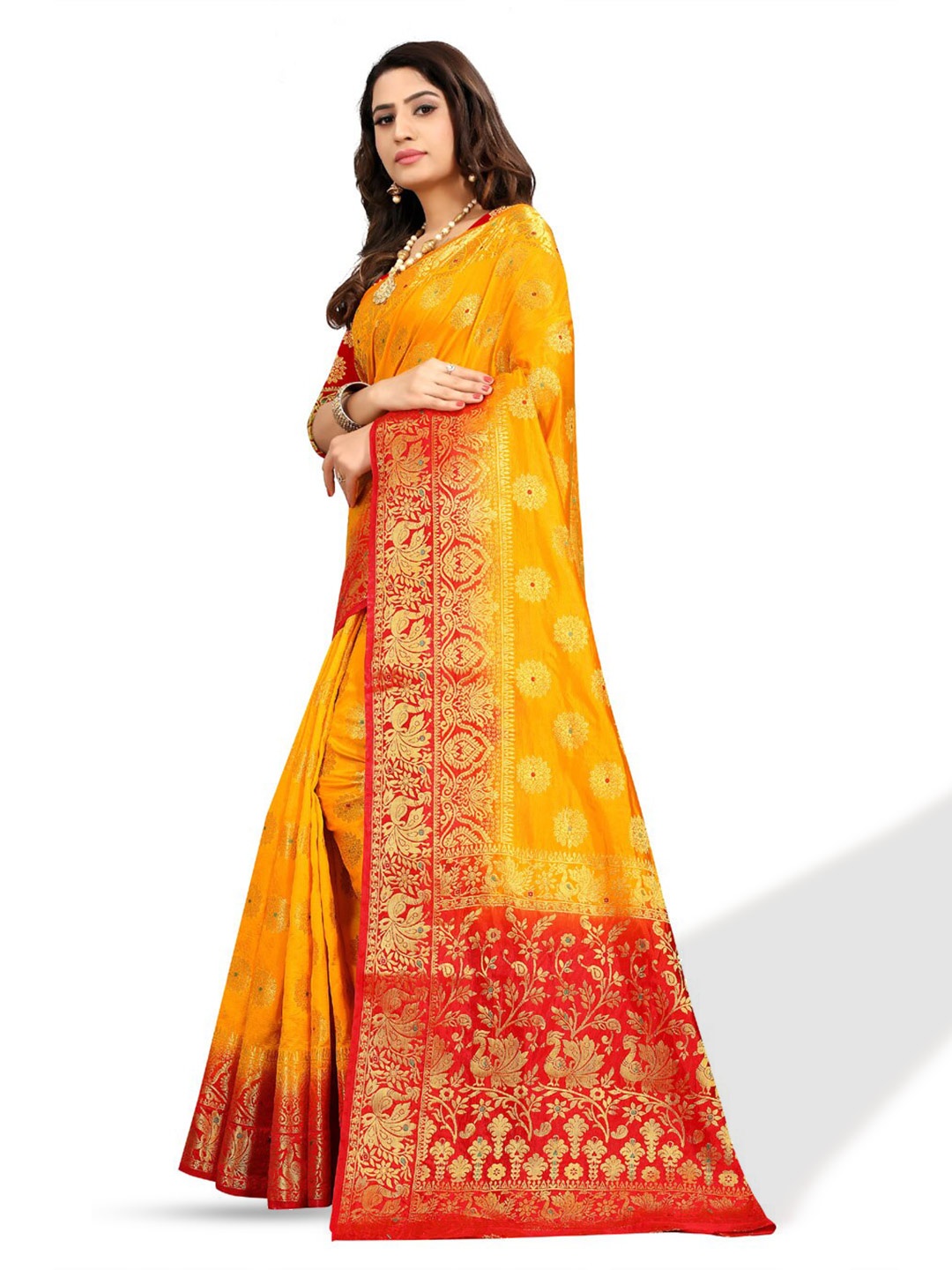 

ZEEPKART Ethnic Motifs Woven Design Zari Kanjeevaram Saree, Orange