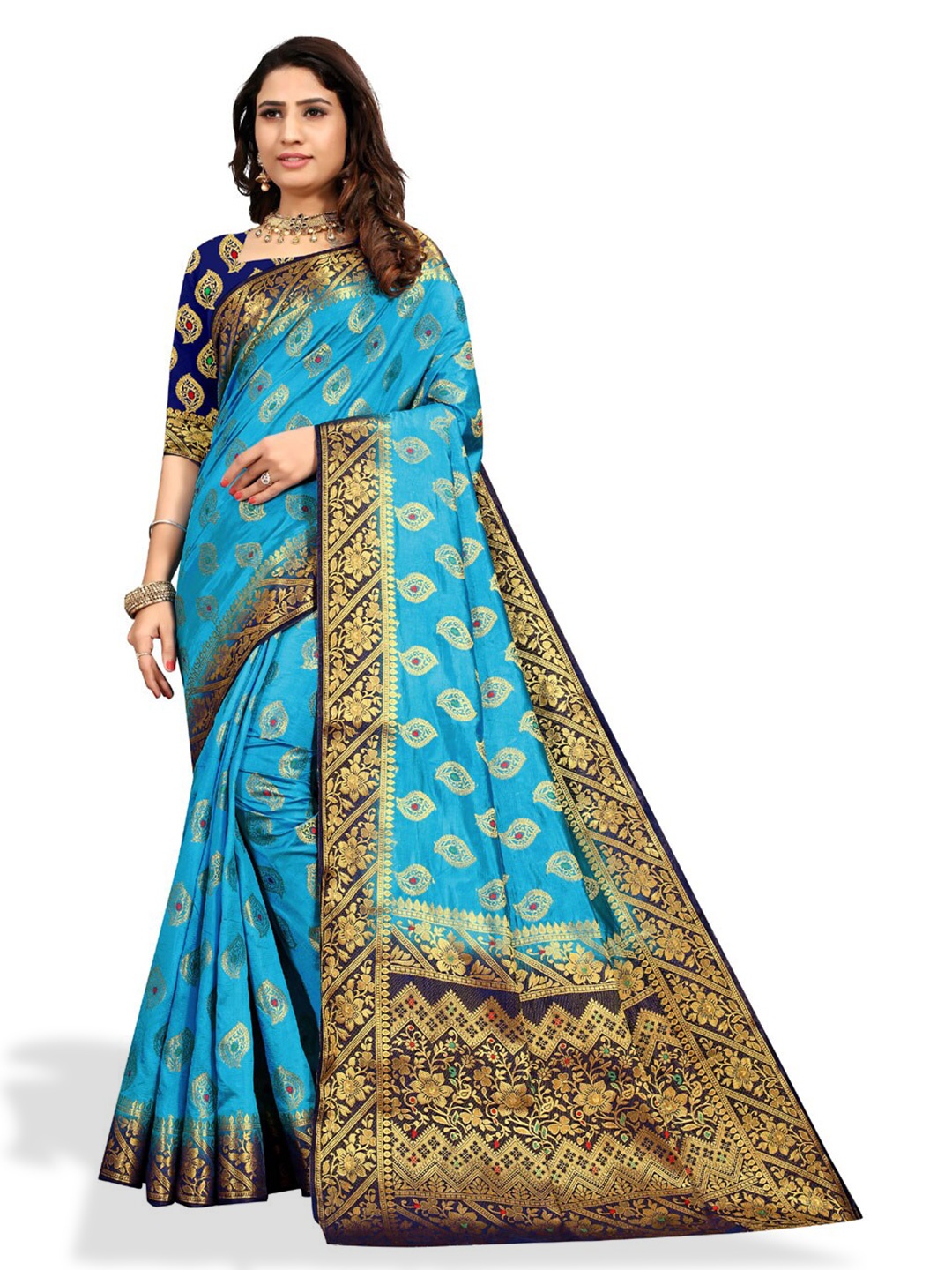 

ZEEPKART Ethnic Motifs Woven Design Zari Kanjeevaram Saree, Blue