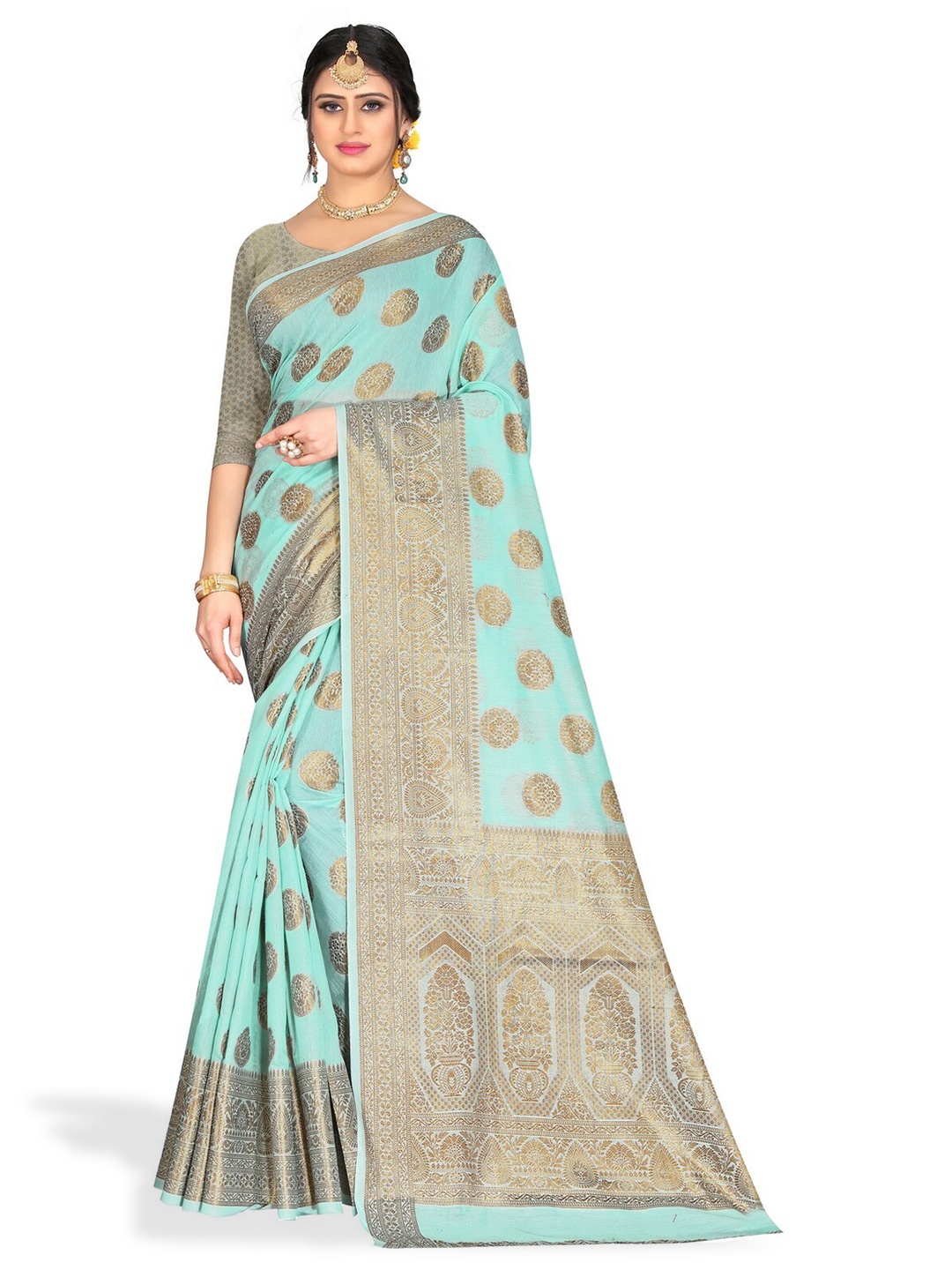 

ZEEPKART Ethnic Motifs Woven Design Zari Kanjeevaram Saree, Blue