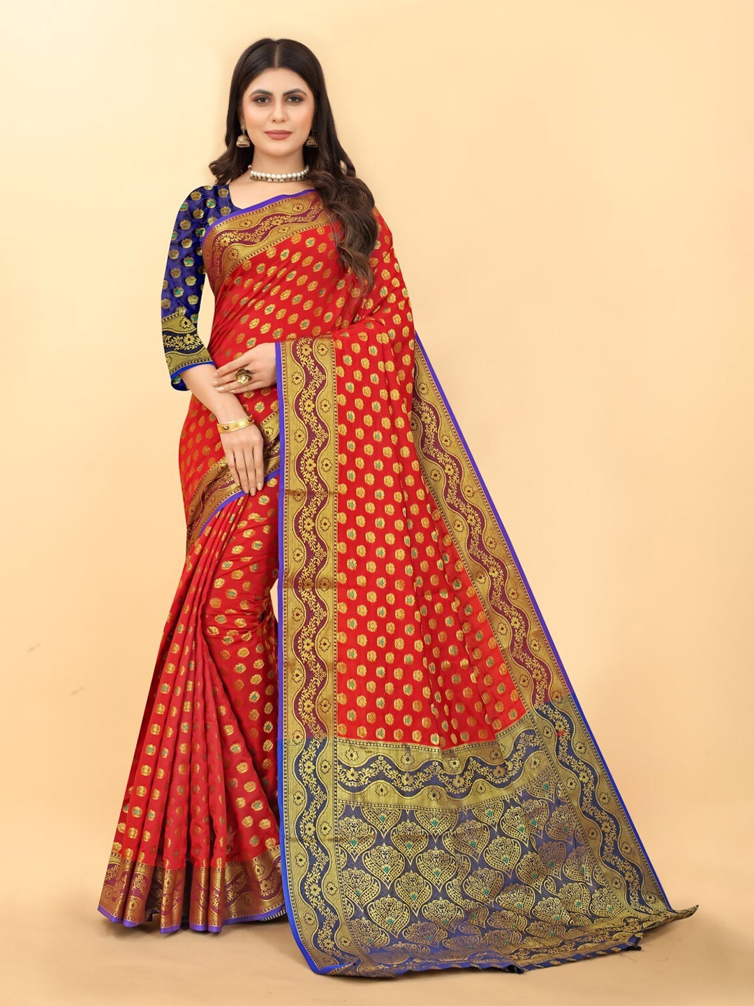 

ZEEPKART Ethnic Motifs Woven Design Zari Kanjeevaram Saree, Red