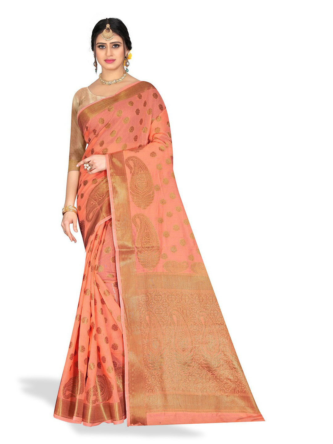 

ZEEPKART Ethinic Woven Design Zari Kanjeevaram Saree, Peach
