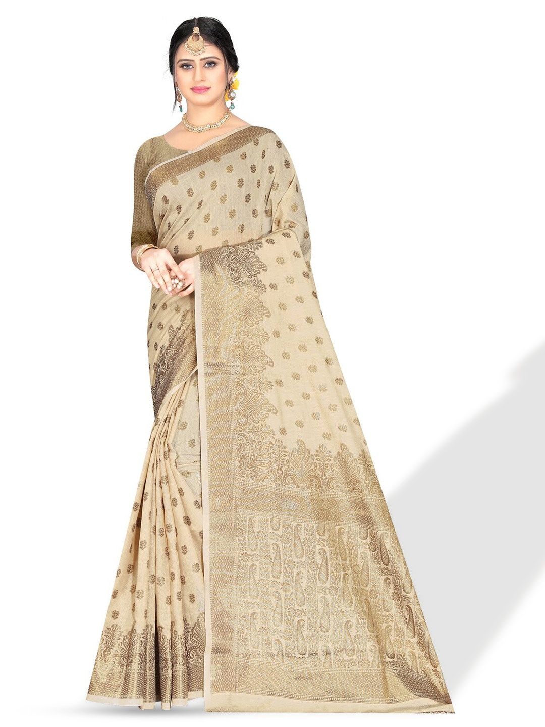 

ZEEPKART Ethnic Motifs Woven Design Zari Kanjeevaram Saree, Cream
