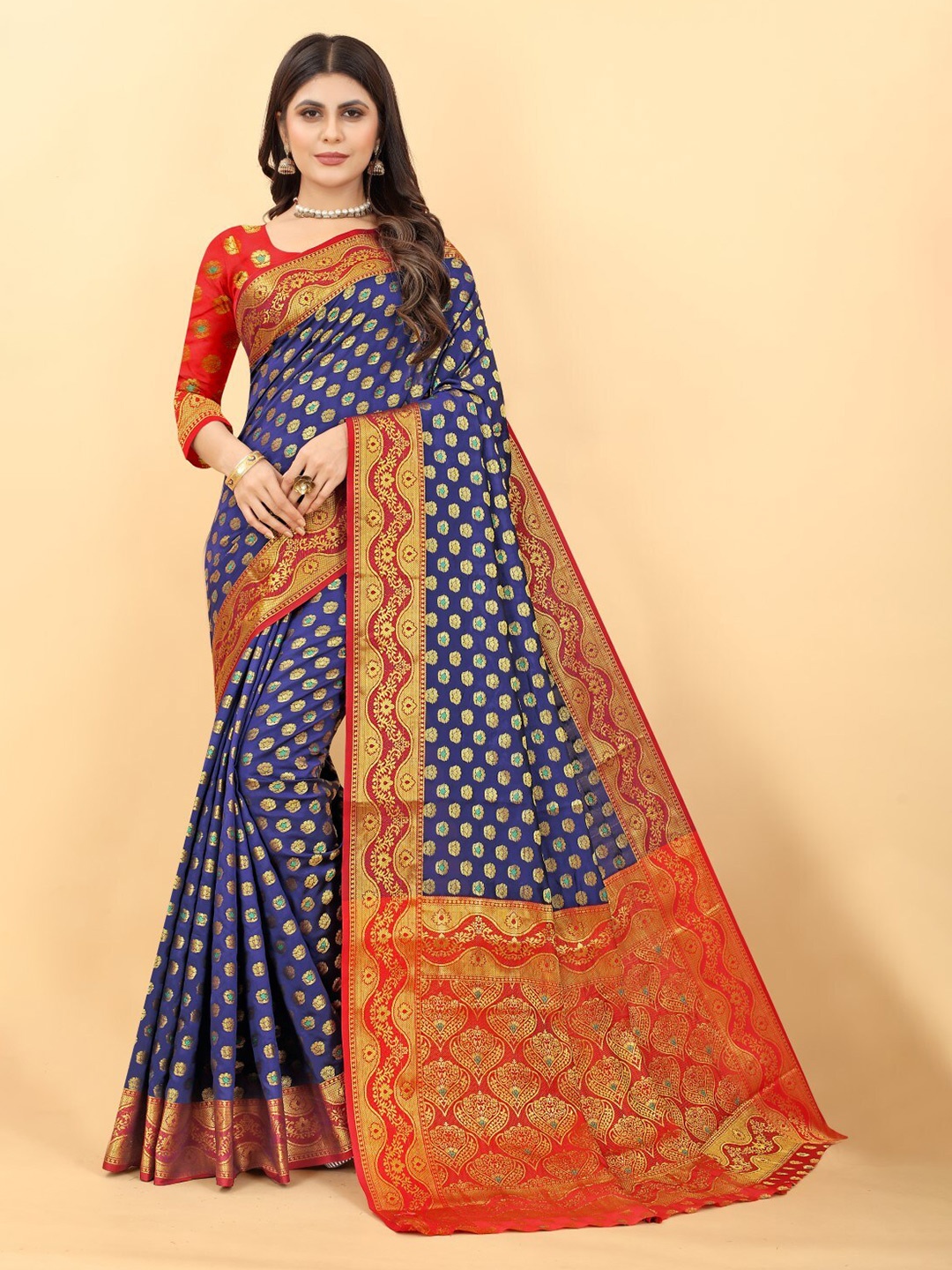 

ZEEPKART Ethnic Motifs Woven Design Zari Poly Silk Saree, Blue