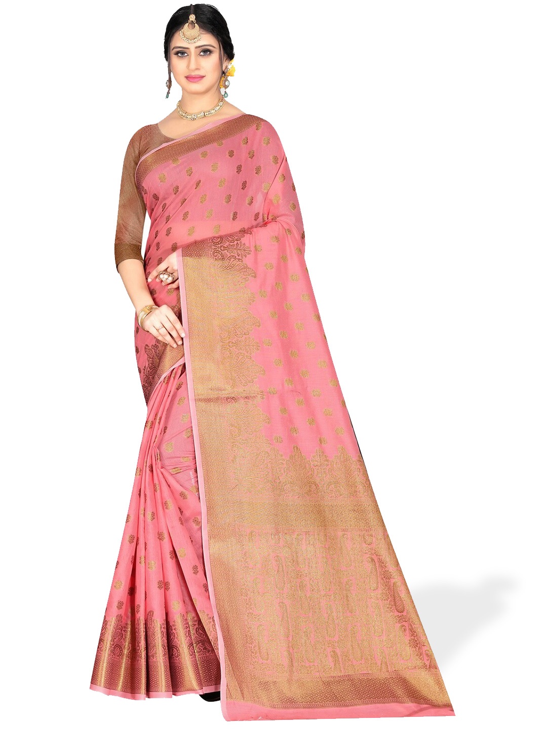 

ZEEPKART Ethnic Motifs Woven Design Zari Kanjeevaram Saree, Pink