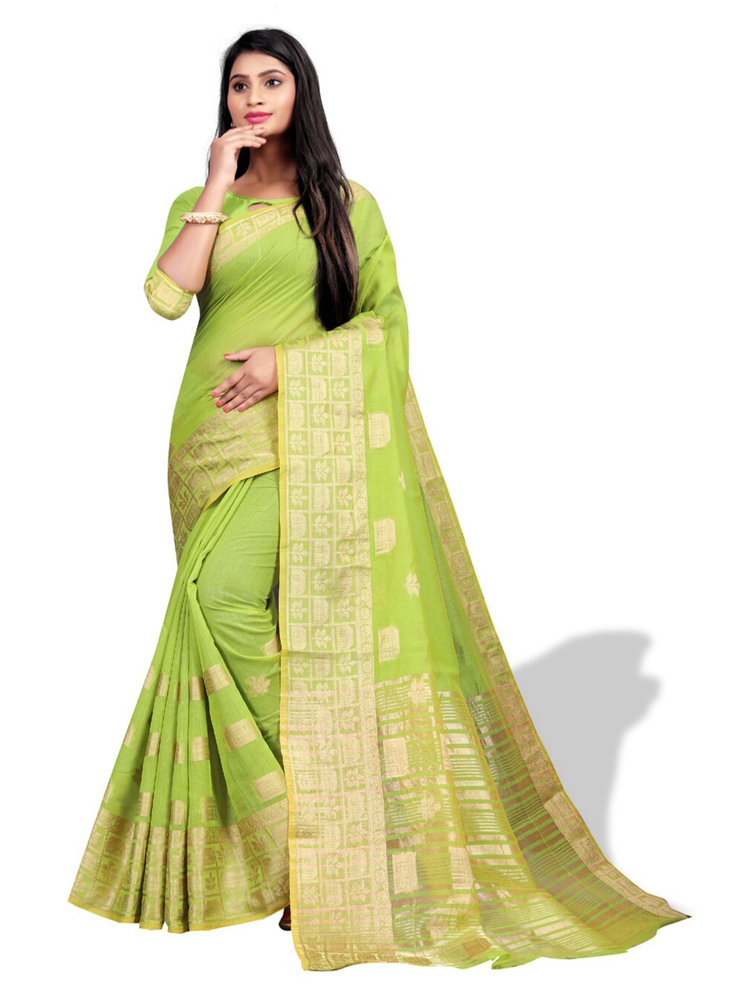 

ZEEPKART Woven Design border Solid Kanjeevaram Saree, Green