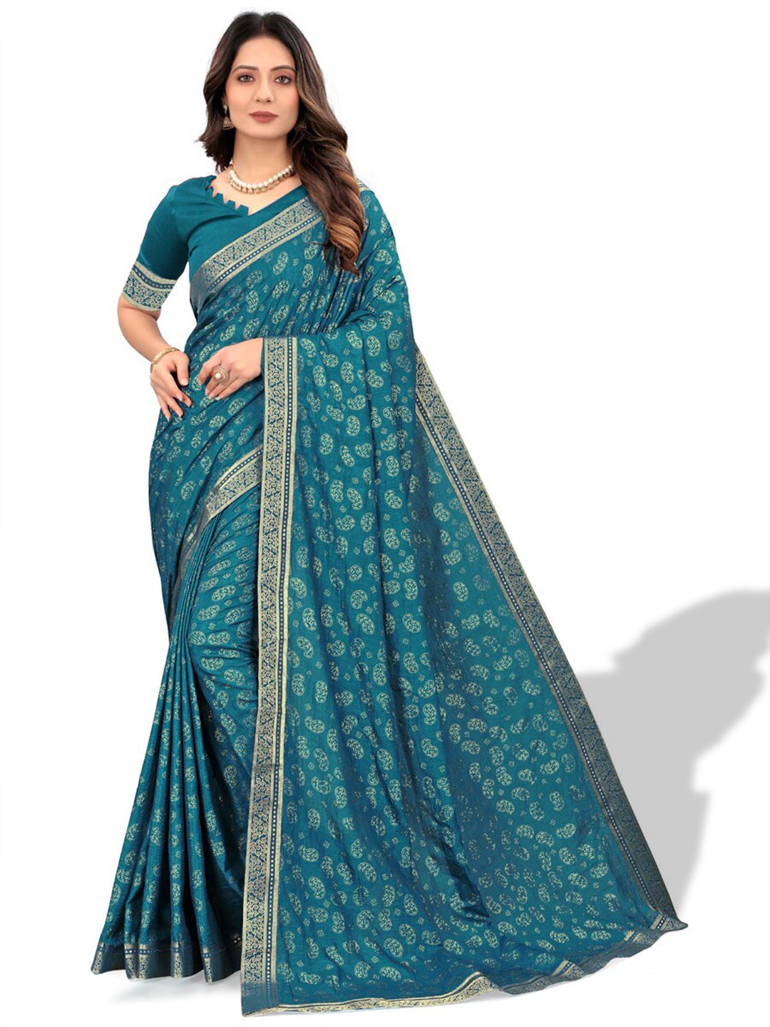 

ZEEPKART Paisley Printed Zari Saree, Teal
