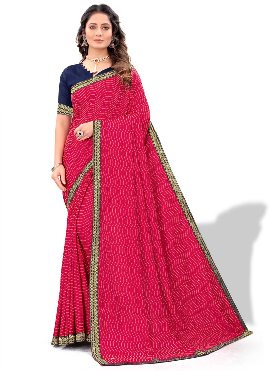 

ZEEPKART Embellished Border Striped Saree, Pink